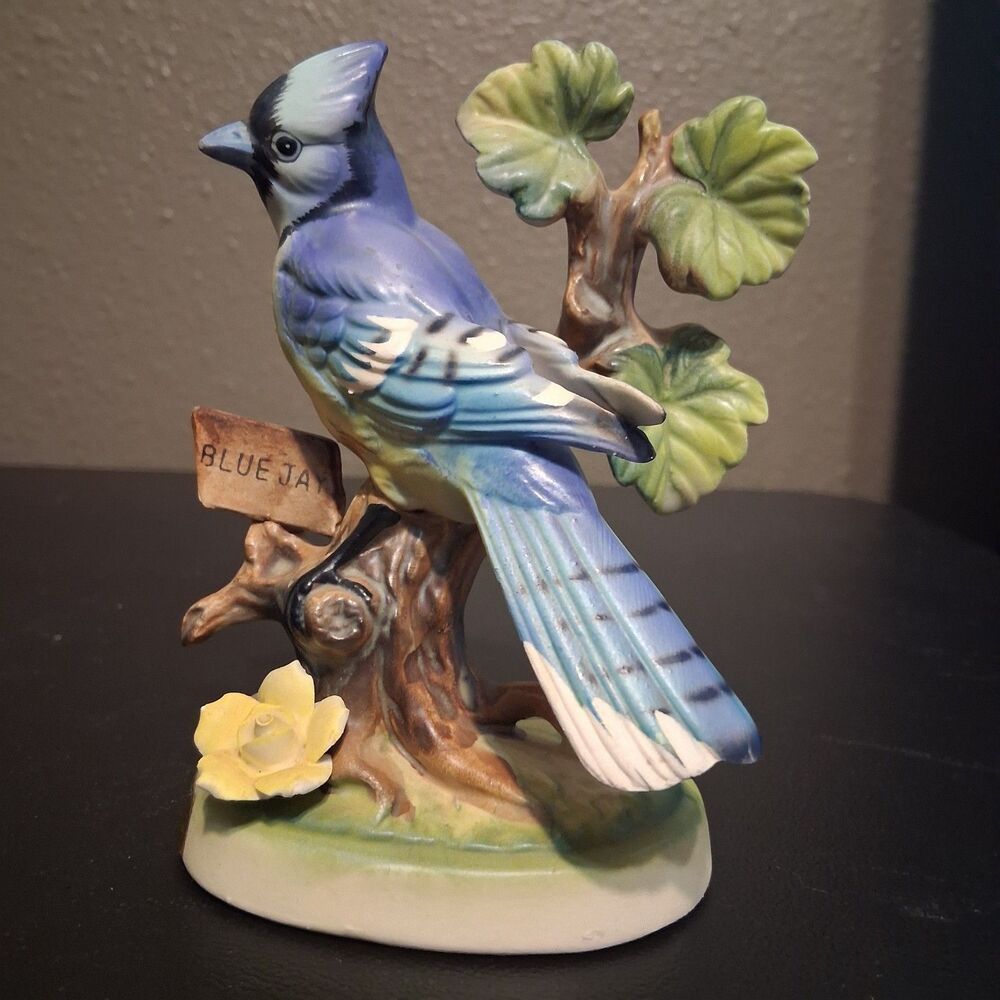 Vintage Blue Jay Porcelain Figurine Japan Bird on Branch Souvenir Prague,  OK